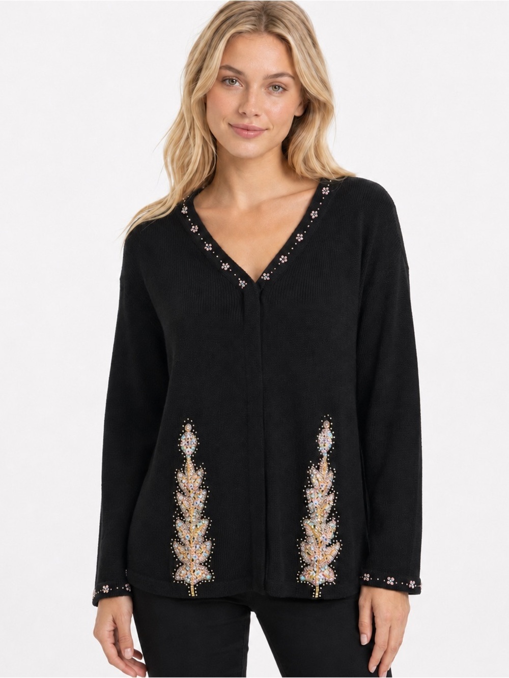 Storybook Knits Timeless Beauty Black Cardigan Sweater Beaded Holiday Size M
